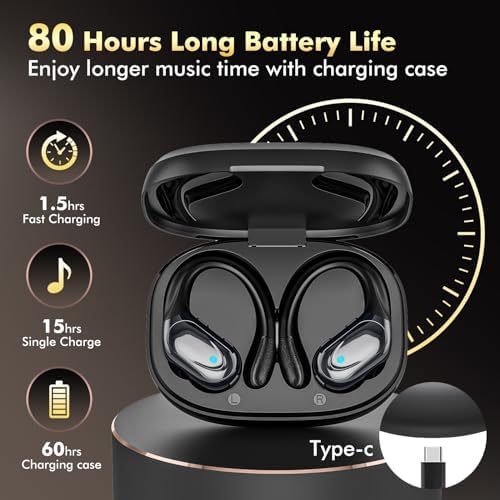 Wireless Earbuds, ENC Noise Cancelling Sport Ear Buds with Multifunctional Touch Screen, Bluetooth 5.4 Headphones, Bass Stereo Sound, 5 EQ Over The Ear Earbuds for Sports/Workout/Gym-Black - Image 2