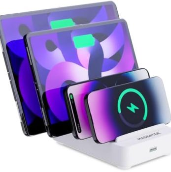 4-Port Charging Station for Multiple Devices, USB Charger Stations Multi-Device Organizer Charging Dock, Compatible with Cell Phones, iPads, Kindle Tablets, and Other Electronics (White)