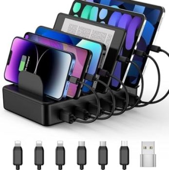 CREATIVE DESIGN 50W 6 Ports Multi Charger Station with 6 Charging Cables, USB Charging Dock for Multiple Devices, Compatible with Cellphone iPad Kindle Tablet and Other Electronic Devices