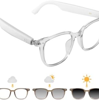 Smart Glasses for Women Men, Bluetooth Glasses with Photochromic Lenses Touch Control Voice Assistant for Clear Audio Remote Photography, Transparent frame and white legs, Perfect for Indoor Outdoor