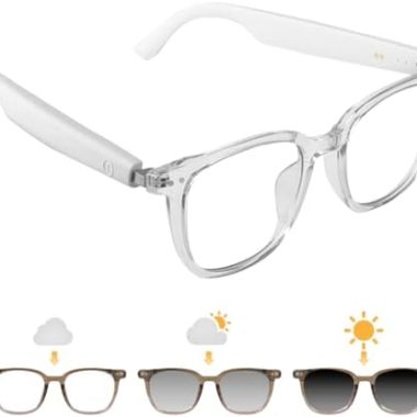 Smart Glasses for Women Men, Bluetooth Glasses with Photochromic Lenses Touch Control Voice Assistant for Clear Audio Remote Photography, Transparent frame and white legs, Perfect for Indoor Outdoor